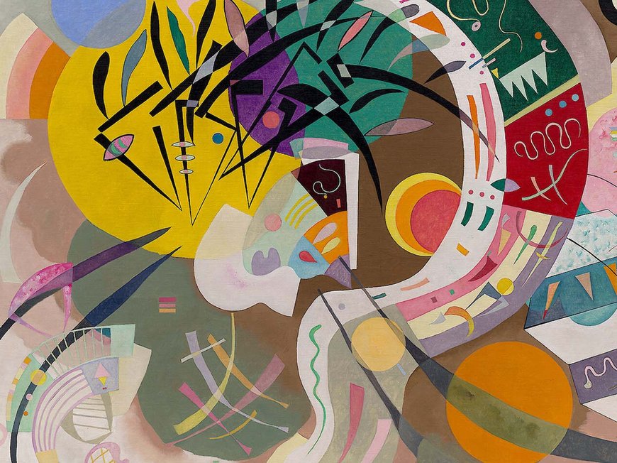 Albergo termale a Montegrotto Terme: eventi Opera astratta con forme geometriche colorate e linee curve su sfondo vario